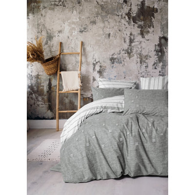 Ensemble de housse de couette double 100% coton de qualité supérieure Ranforce, gris | Comprend une housse de couette (78,7 x 86,6 po), un drap plat (94,5 x 102,4 po), 2 taies d'oreiller (19,7 x 27,6 po) | Brodé, lavable à la machine, conception élégante