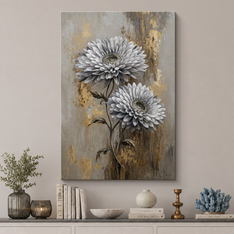 «Silver Chrysanthemum Blooms With Gold Accent», images de chambre à coucher, impression sur toile encadrée, Wrapped Canvas