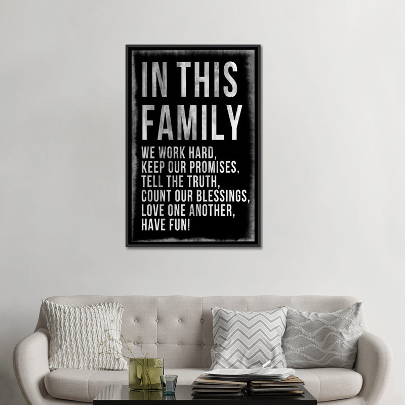 « family rules tableau noir », art textuel sur toile, H 26 po x l 18 po x P 1,5 po, Toile avec cadre noir, Pas de tapis