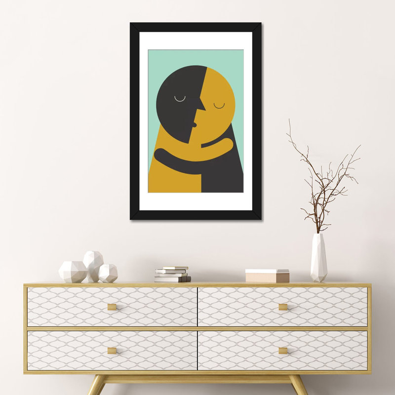 «Kiss» par Flatowl, impression sur toile tendue, H 24 po x l 16 po x P 1 po, Papier d'art encadré noir, Blanc