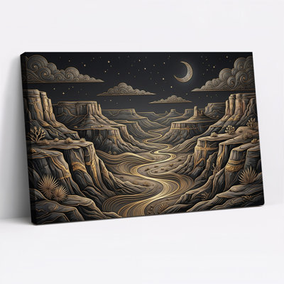 Paysage de canyon aux contours dorés sous un croissant de lune - Tableau sur toile