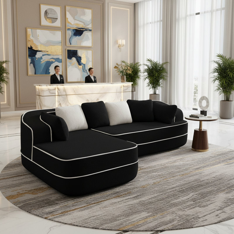 Chaise longue noire en tissu Teddy, faisant face à gauche, sans assemblage, chaise longue moderne avec passepoil contrastant