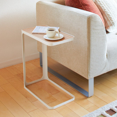 Yamazaki Home Small Metal And Wood Bedside Compact Side Table - Narrow C Shaped Slim End Table In White