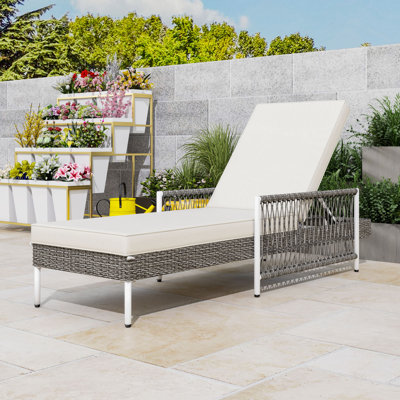 All-Weather PE Rattan Chaise Lounge with 6-Position Adjustable Backrest, Cushions and Metal Frame