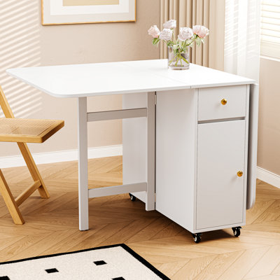 58.9'' White Folding Table, Rectangular Wooden Extendable Dining Table With Wheels And Storage