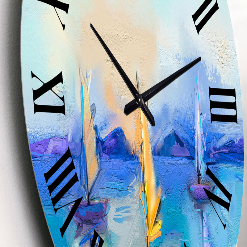 Petits bateaux arrivant au rivage au coucher du soleil III - horloge murale moderne, Petit