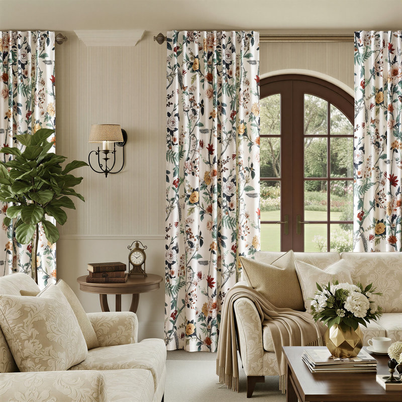 Rideau obscurcissant Luxury Ensemble de 2 drapeaux floraux avec passe-tringle, Crème, 52 po x 96 po