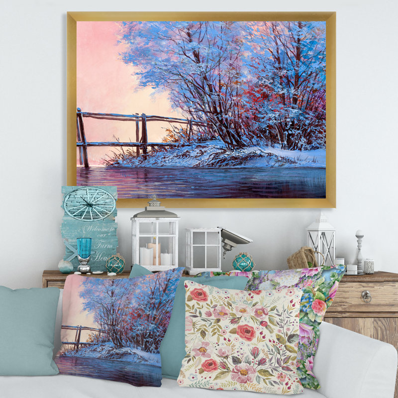 Paysage d'hiver avec pont de la rivière Méandre - reproduction sur toile, H 24 po x l 32 po x 1,5 po, Toile encadrée d'or