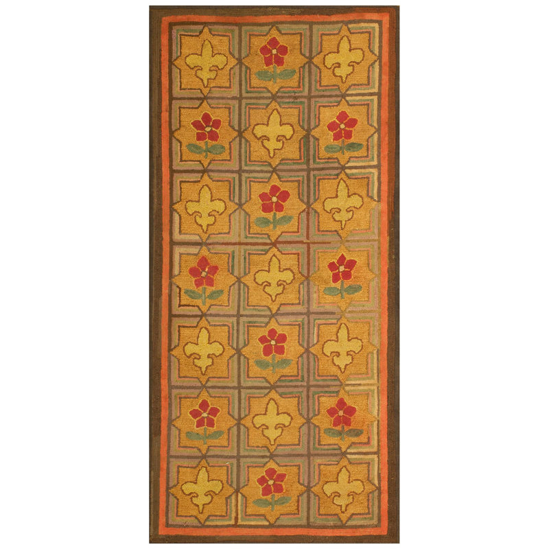 1900s Multicolor 5Star Antique American Hooked Rug Hand-Woven Wool 2'2" x 4'8"