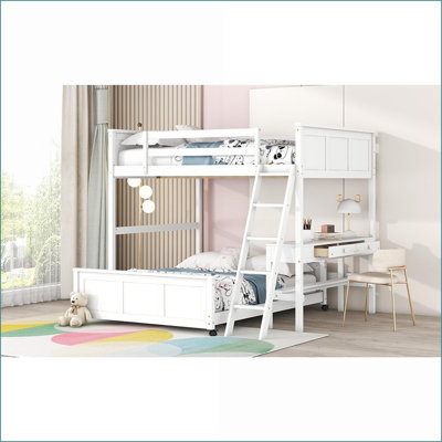 Full Over Full Pinewood Bunk Bed with Desk White No Box Spring for Small Spaces