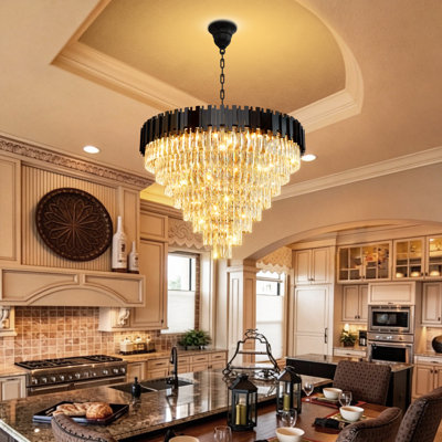 Lustre moderne à 8 niveaux pour plafond haut, lustre en cristal noir 16 lumières 40 po pour le salon, le vestibule, la salle à manger