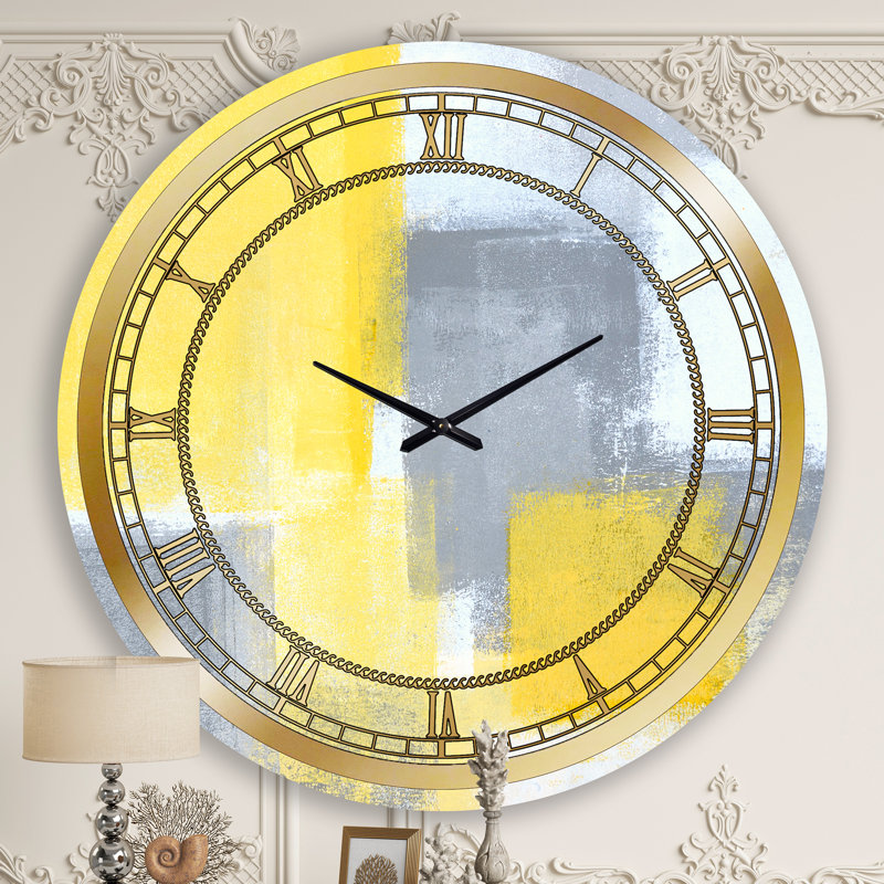 Gris et jaune bleu abstrait XXI - horloge murale moderne, Grand