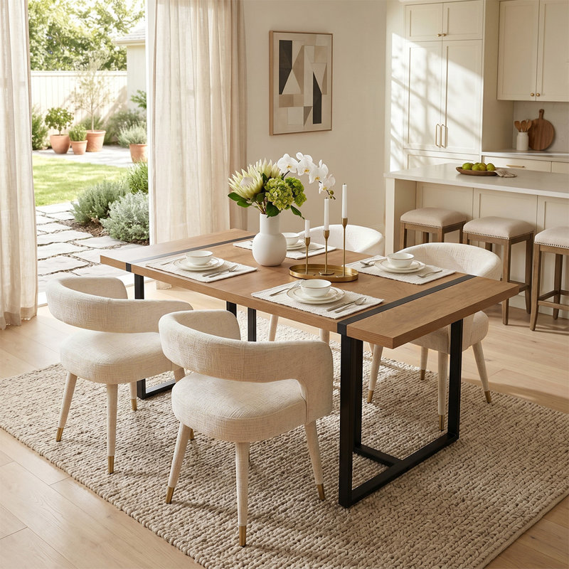 Modern 5-Piece Dining Set With 59" Rectangular Table And 4 Upholstered Arm Chairs, Khaki