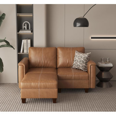 65" Modular Faux Leather Sectional Sofa With Storage Ottoman, Mid-Century Modern Reversible L-Shaped Loveseat With Padded Armrests, Brown