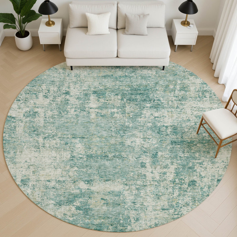 Premium Machine Washable Mayfield AMF2061 Abstract Rug, Teal, 8' Round