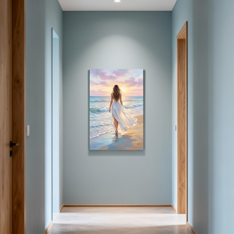 Femme de Saint-Valentin en robe blanche marchant sur la plage au coucher du soleil, H 18 po x l 12 po