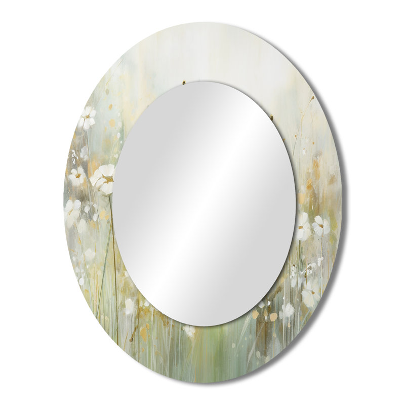 Green Beige Serene Meadows II - Abstract Oval Decorative Mirror On Metal, 43" x 33"