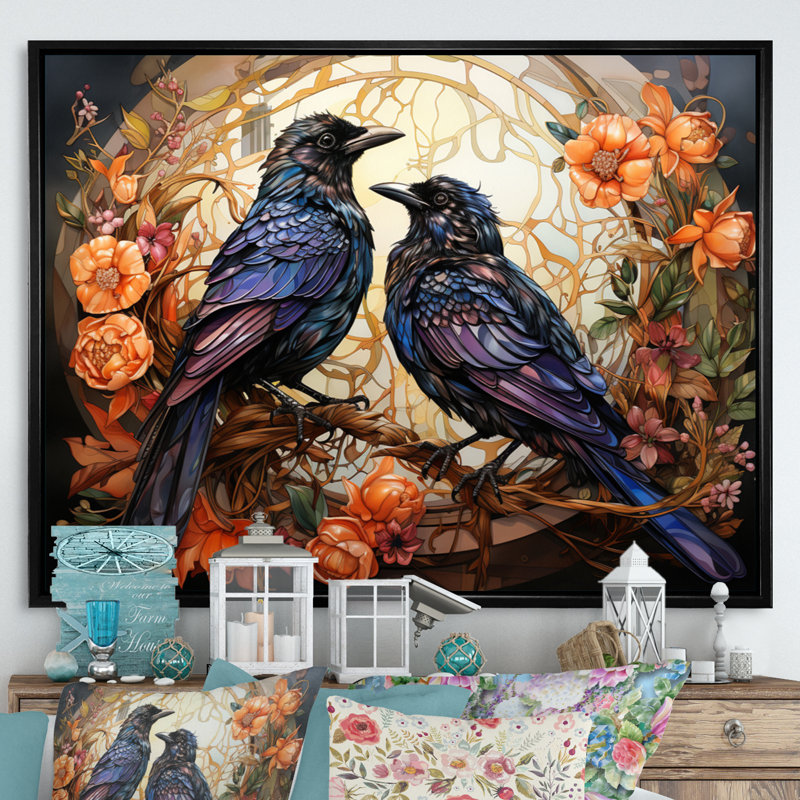 Corbeau enchanté monarques sur toile, H 30 po x l 40 po x P 1,5 po, Cadre flottant noir