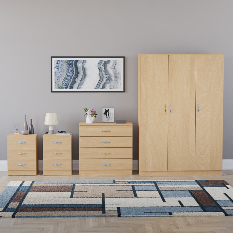 Tayce 4 Piece Bedroom Set (3 Drawer Bedside Chest X2, 4 Drawer Chest, 3 Door Wardrobe), Tan