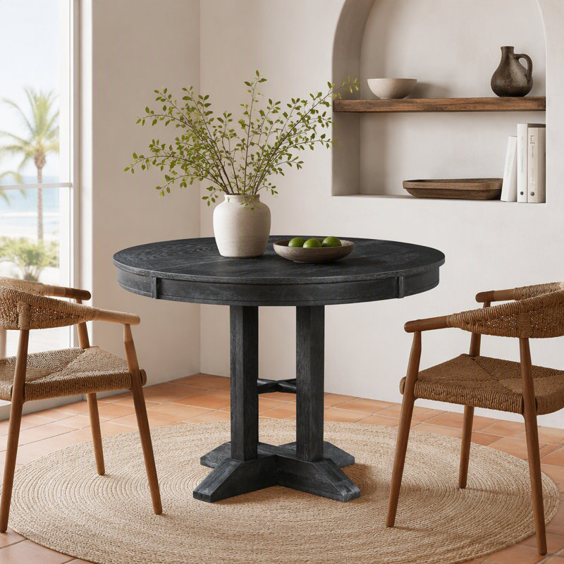 Table de salle à manger ronde extensible de style campagnard pour cuisine ou salle à manger (noire), Black