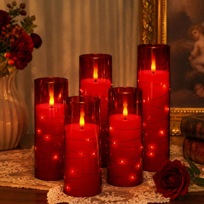 Ensemble de bougies colonne sans flamme à DEL, bougies scintillantes à piles avec minuterie et guirlandes lumineuses intégrées (ensemble de 5)