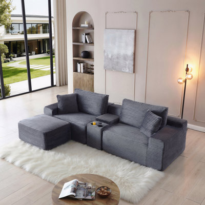 Canapé modulaire modulaire, canapé en nuage de velours côtelé à sièges profonds avec porte-gobelets, ports USB et boîte de rangement, canapé-lit, canapé-lit sans dossier avec repose-pieds mobile pour le salon, aucun assemblage requis, gris