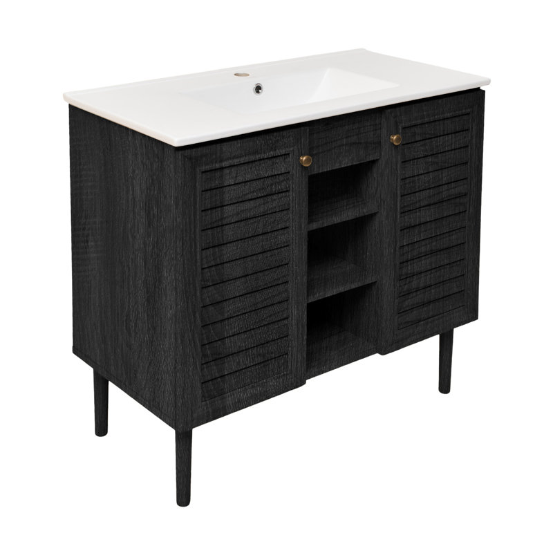 Meuble-lavabo autoportant de 36 po en chêne noir avec plateau d'évier Bron, Blanc, Chêne noir, Trou unique