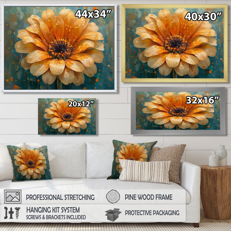 Souci orange et bleu éclatant - décoration murale souci, H 24 po x l 32 po x P 1 po, Cadre doré flottant, bois massif