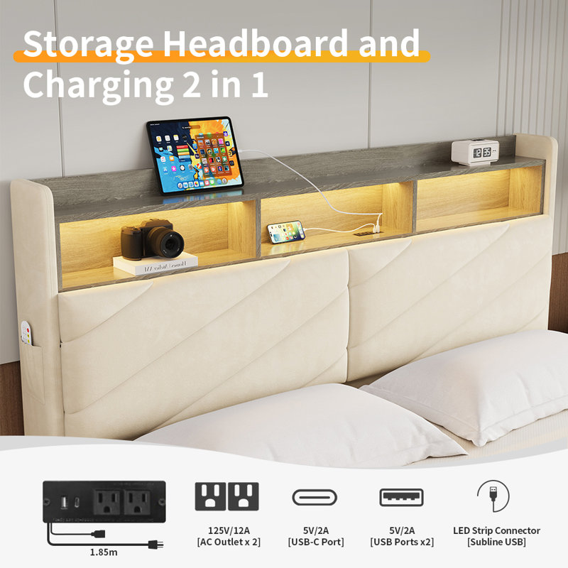 Sharwin LED Upholstered Bed Frame Floating Bed Frame With Storage Headboard, Queen
