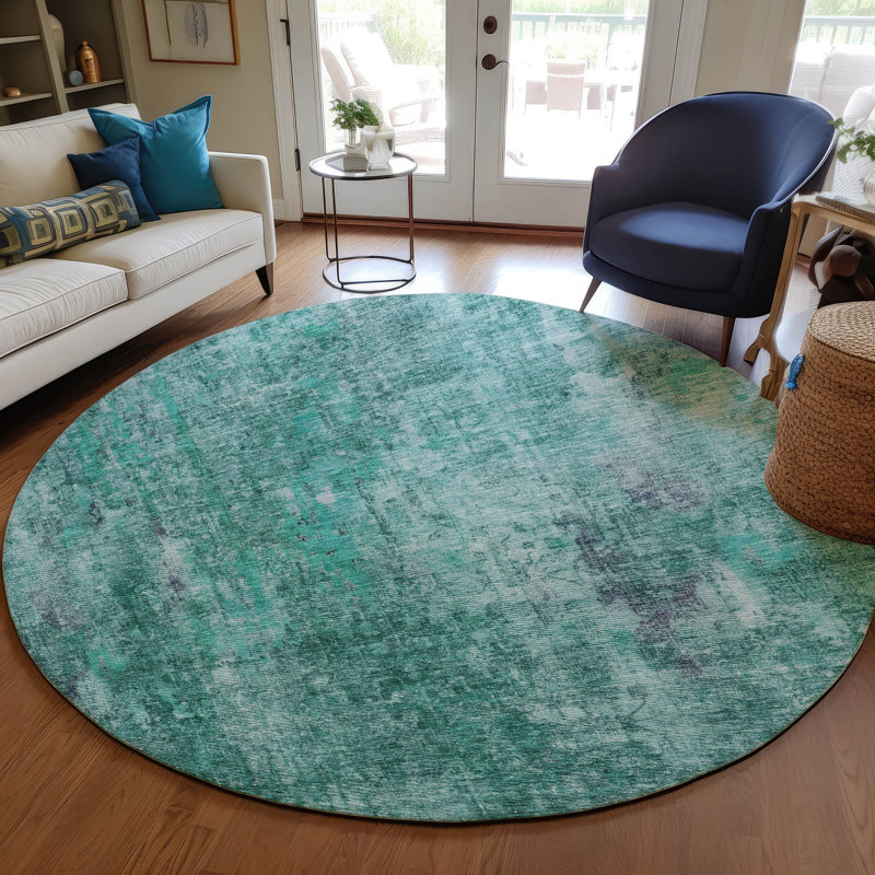 Tapis bleu sarcelle lavable à la machine intérieur / extérieur Ayush ACN655, Rond 8 pi