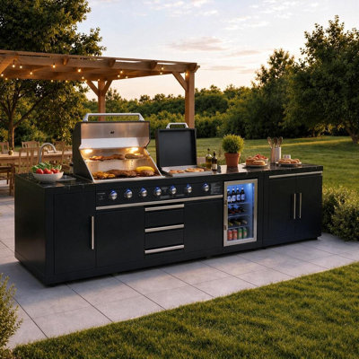Akoah 4-piece Modular Outdoor Kitchen Island Set with Grill, Refrigerator, Sink, Side Griddle, Dual Side Burners and Charcoal Tray