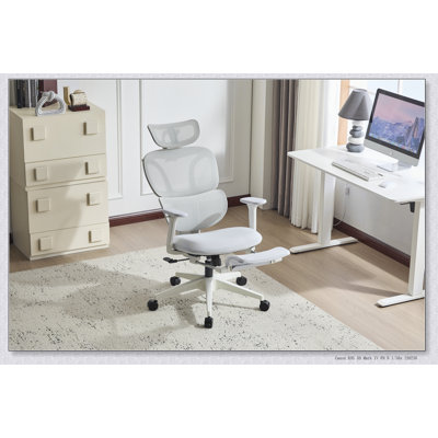 Chaise de bureau ergonomique avec repose-pieds, dossier haut, soutien lombaire dynamique, appui-tête 2D, accoudoirs 4D, assise en mousse, assise en maille, grise.