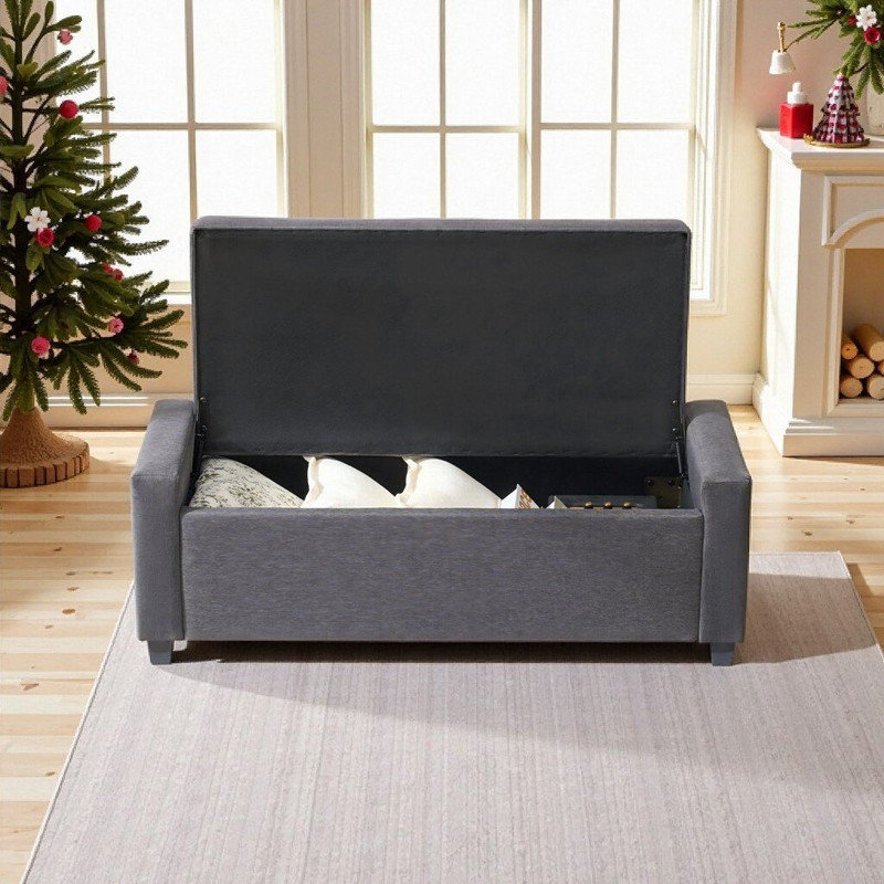 48" Faux Linen Upholstered Storage Ottoman Bench With Arms, Gray