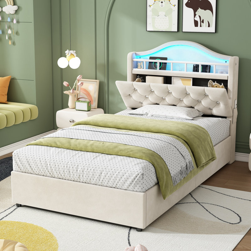 3ft Ottoman Bed With Led And  Storage Headboard Velvet, Beige