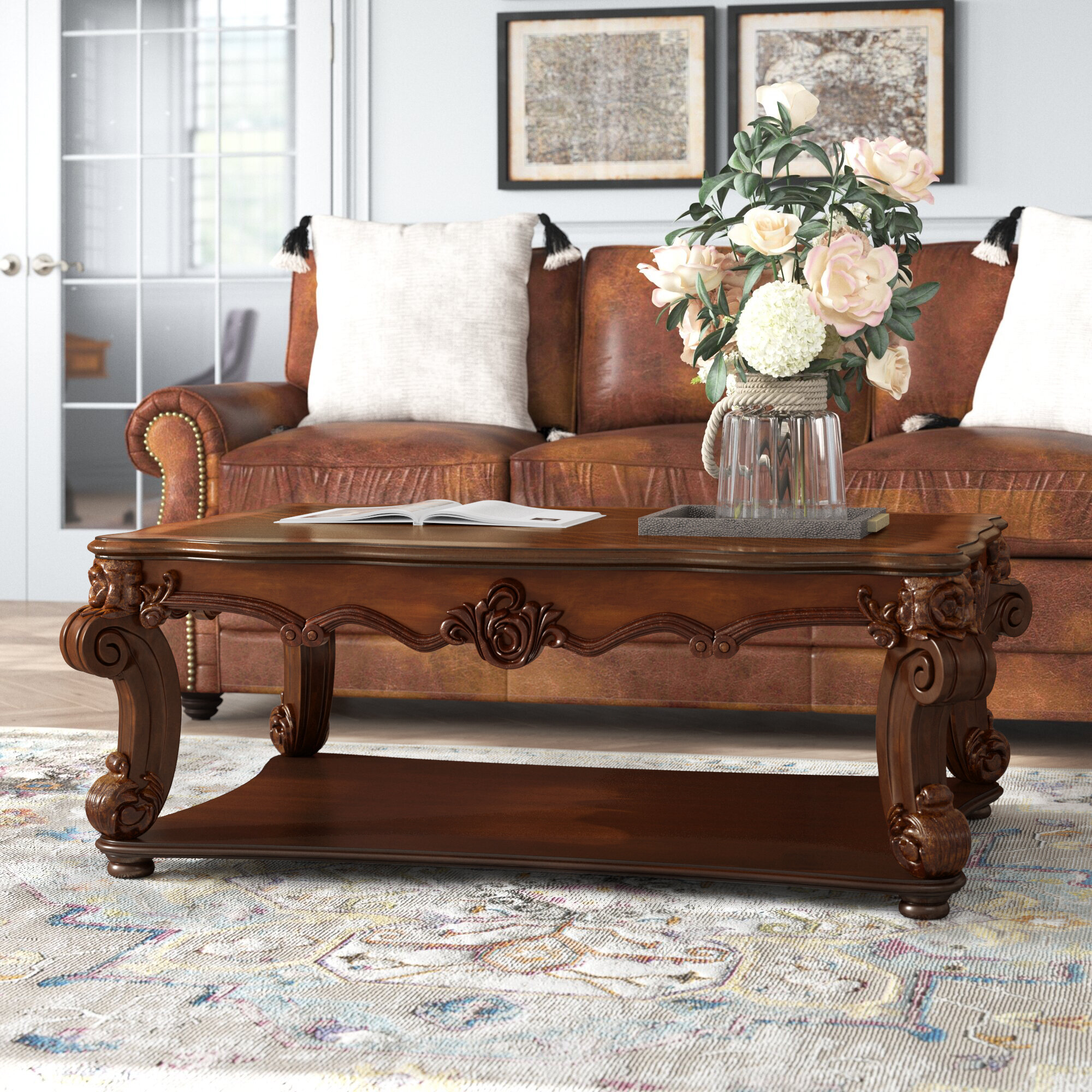 American Traditional Wood Coffee Table for Leather Couch