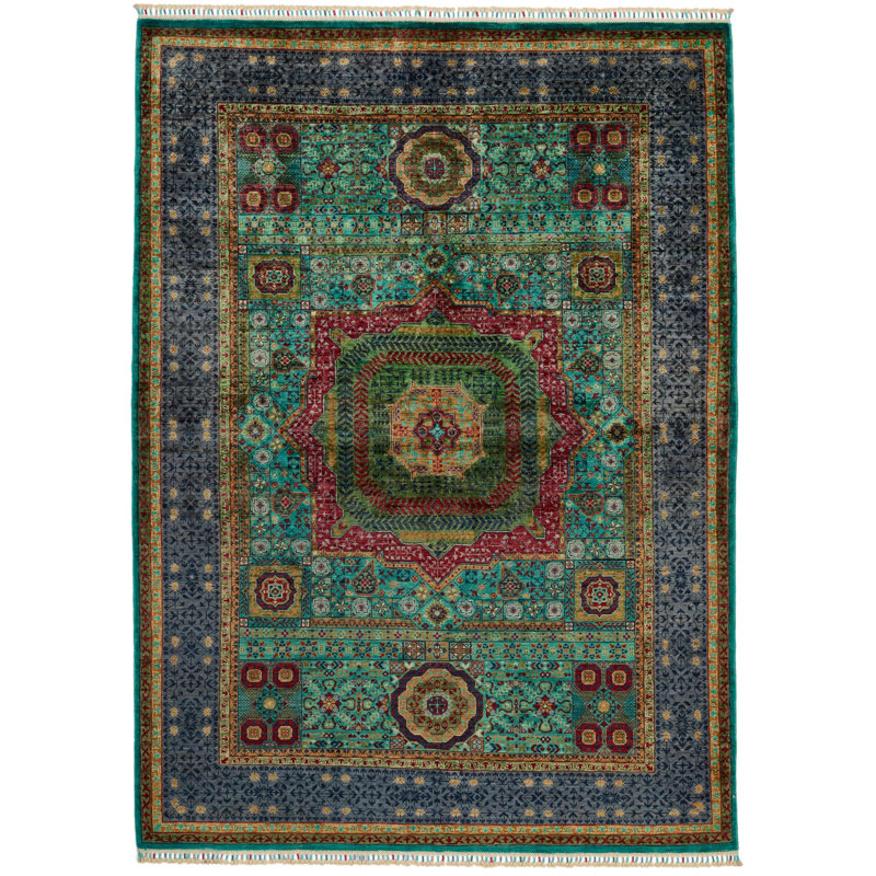 Tapis tribal turc bleu et gris 6 x 8