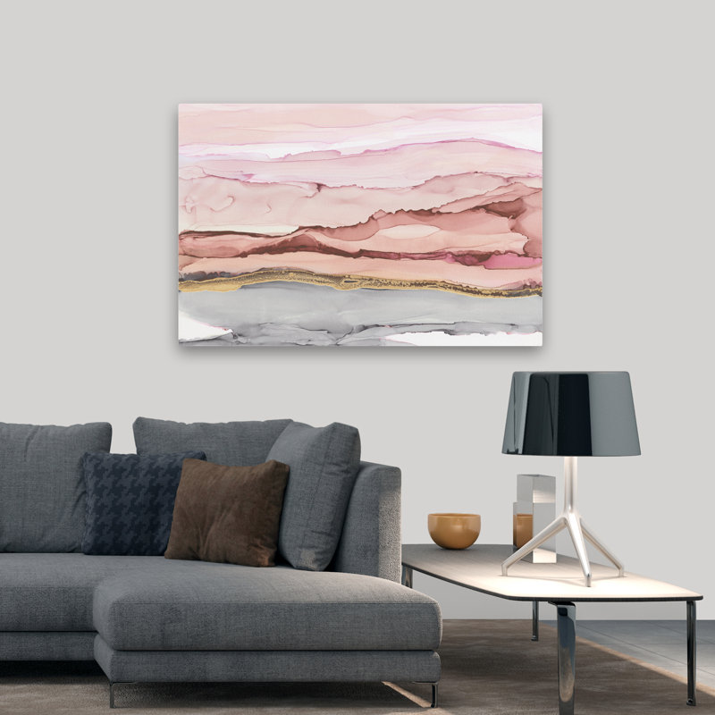 The Vineyard I Blush - Art abstrait doré à l'encre, H 36 po x l 48 po