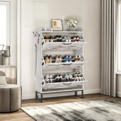 Farmhouse Shoe Storage Cabinet with 3 Flip Drawers, Slim Shoe Cabinet for Up to 24 Pairs, Narrow Shoe Rack for Entryway, Living Room, Hallway (Vintage White)