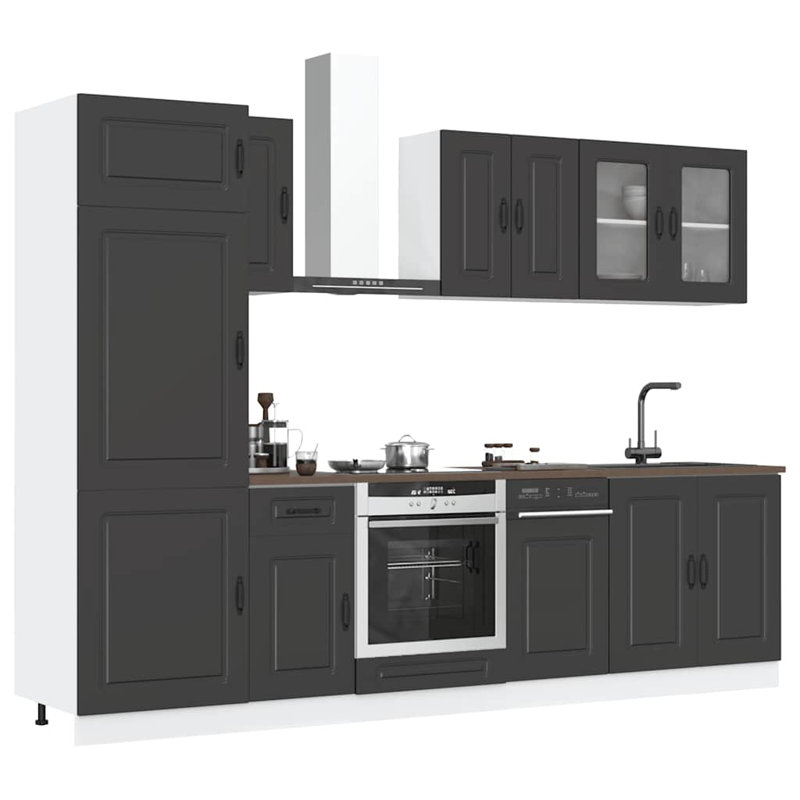 8 Piece Kitchen Cabinet Set Kalmar High Gloss Engineered Wood, Black