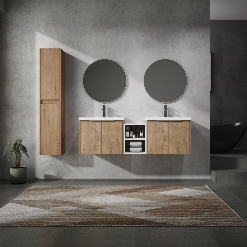 Meuble-lavabo mural moderne avec lavabo et armoire latérale, conception compacte pour des solutions de rangement élégantes
