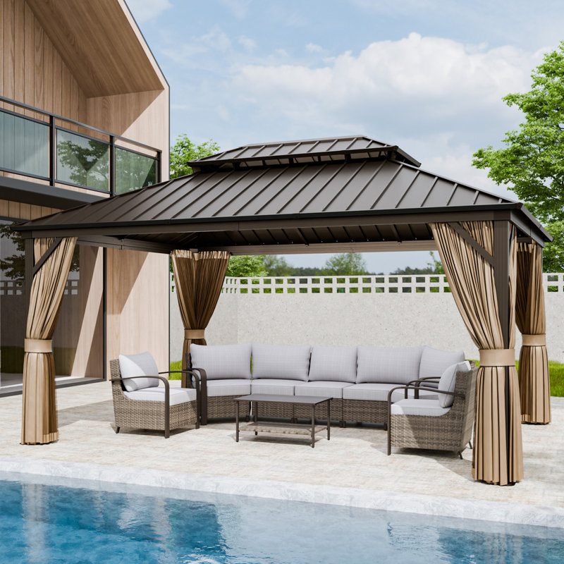 Brown 12' x 16' Aluminum and Steel Hardtop Gazebo with Curtains