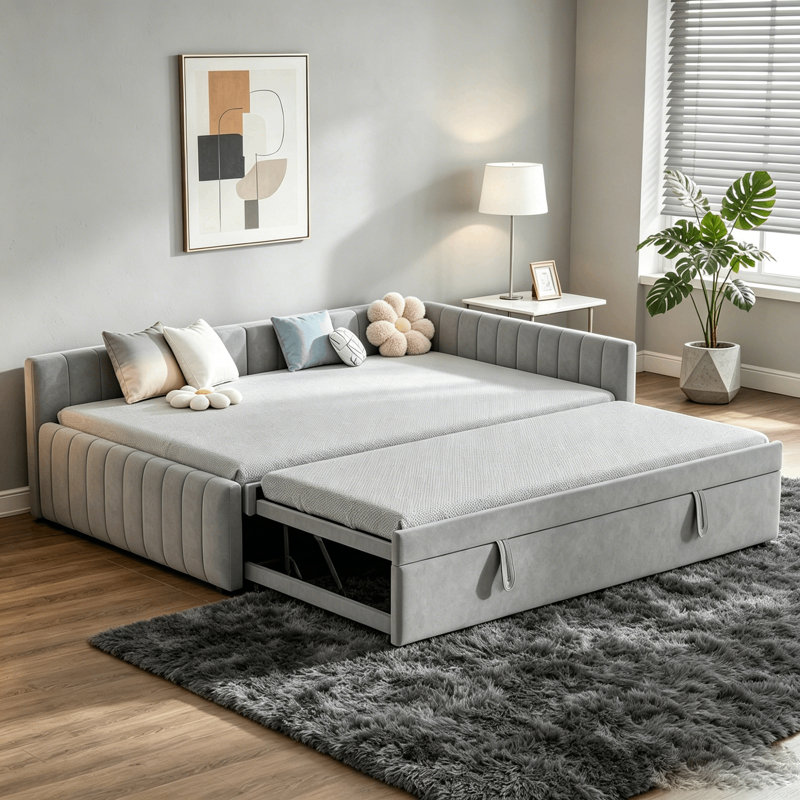 Full Upholstered Corner Daybed With Twin Trundle, Gray
