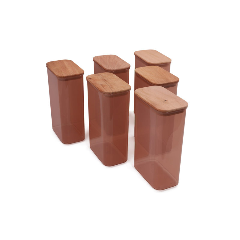 6-Piece Storage Box Set with Wooden Lids, Pink & Brown, 6.1 x 3.7 x 9.6 inches | BPA Free, Dishwasher Safe | Perfect for Organizing Home, Kitchen, and Office, Durable Plastic & Stylish Design