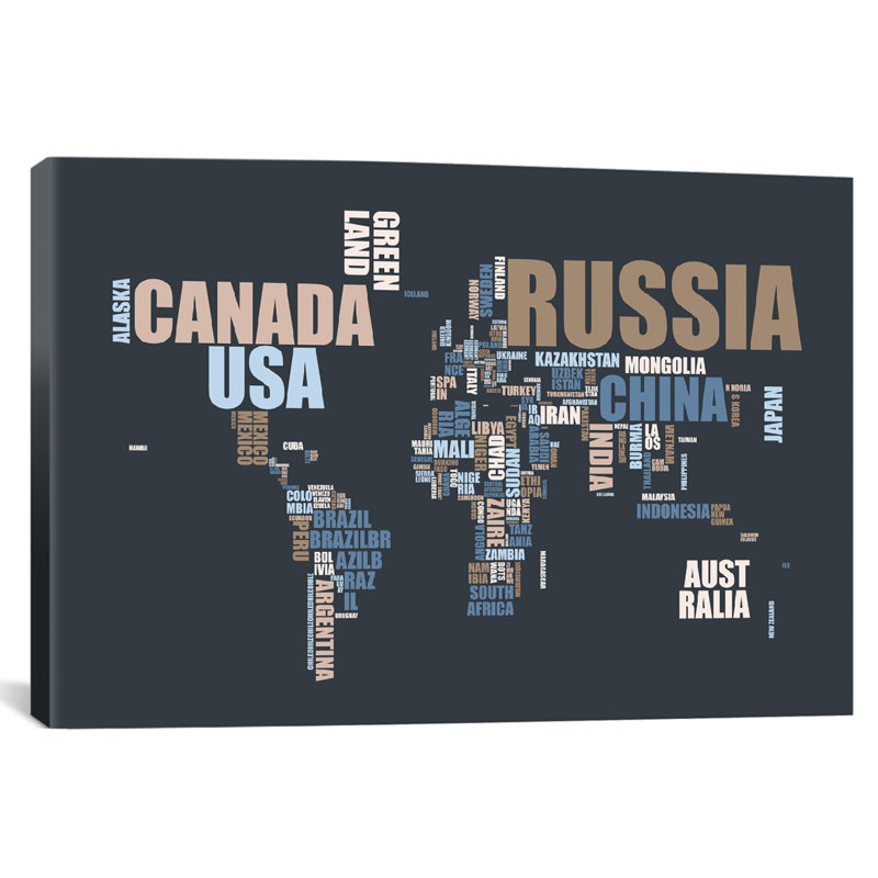 «World Map in Words», art textuel sur toile, H 41 po x l 61 po x P 1,5 po, Pas de tapis, Toile tendue