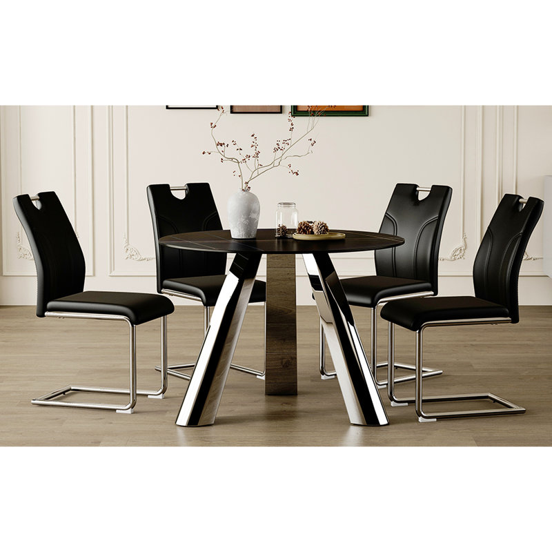 Table de salle à manger en pierre frittée avec table ronde et 4 chaises noires