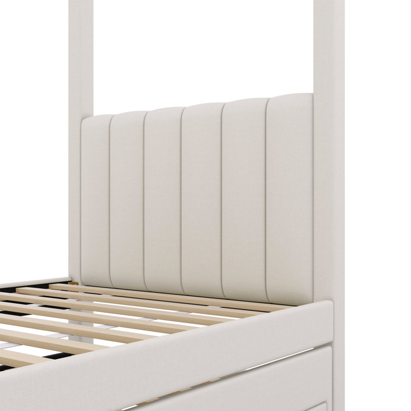 Lit plateforme simple à baldaquin avec lit gigogne et trois tiroirs de rangement, beige, Lit simple
