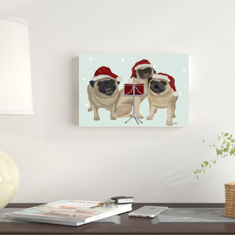 " Christmas Pug Trio Carolling " by Fab Funky, 8" H x 12" W