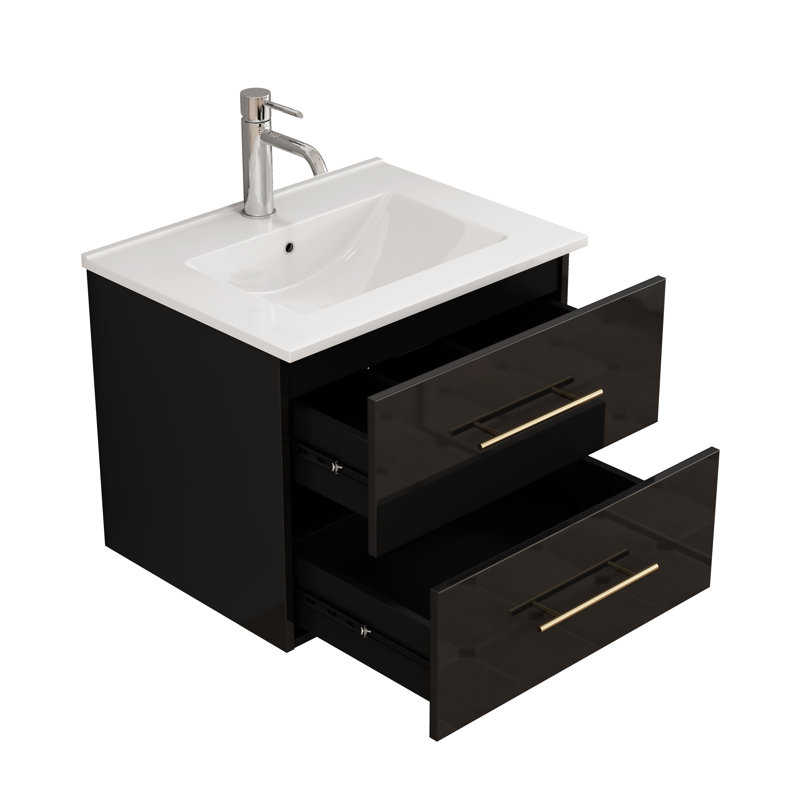 Meuble-lavabo mural moderne de 24 po avec lavabo en céramique et tiroirs doubles Alderidge
