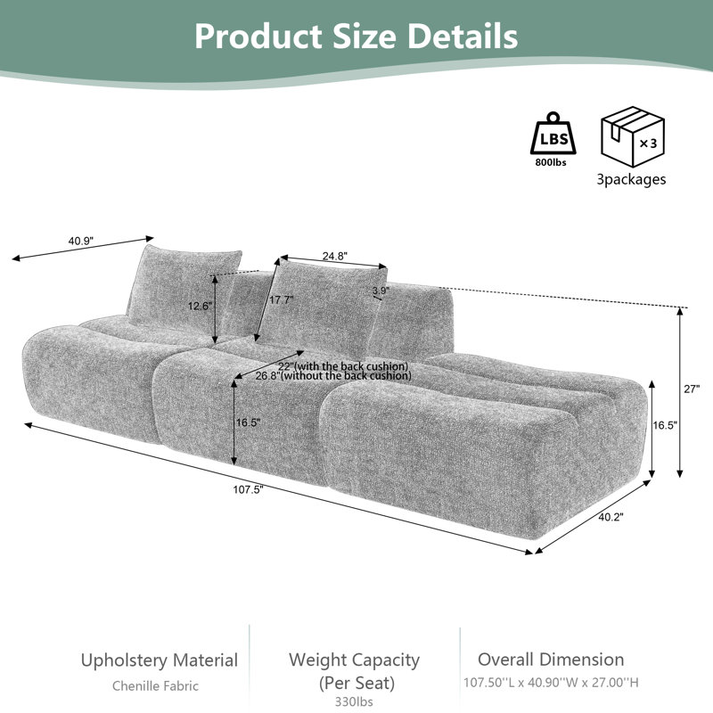 Canapé modulaire surdimensionné à 3 places Boneless, Chenille verte