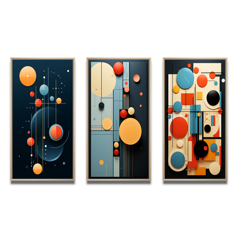 «Retro Bliss Abstract Circular Geometrics», 3 pièces sur toile, Cadre naturel flottant, H 20 po x l 36 po